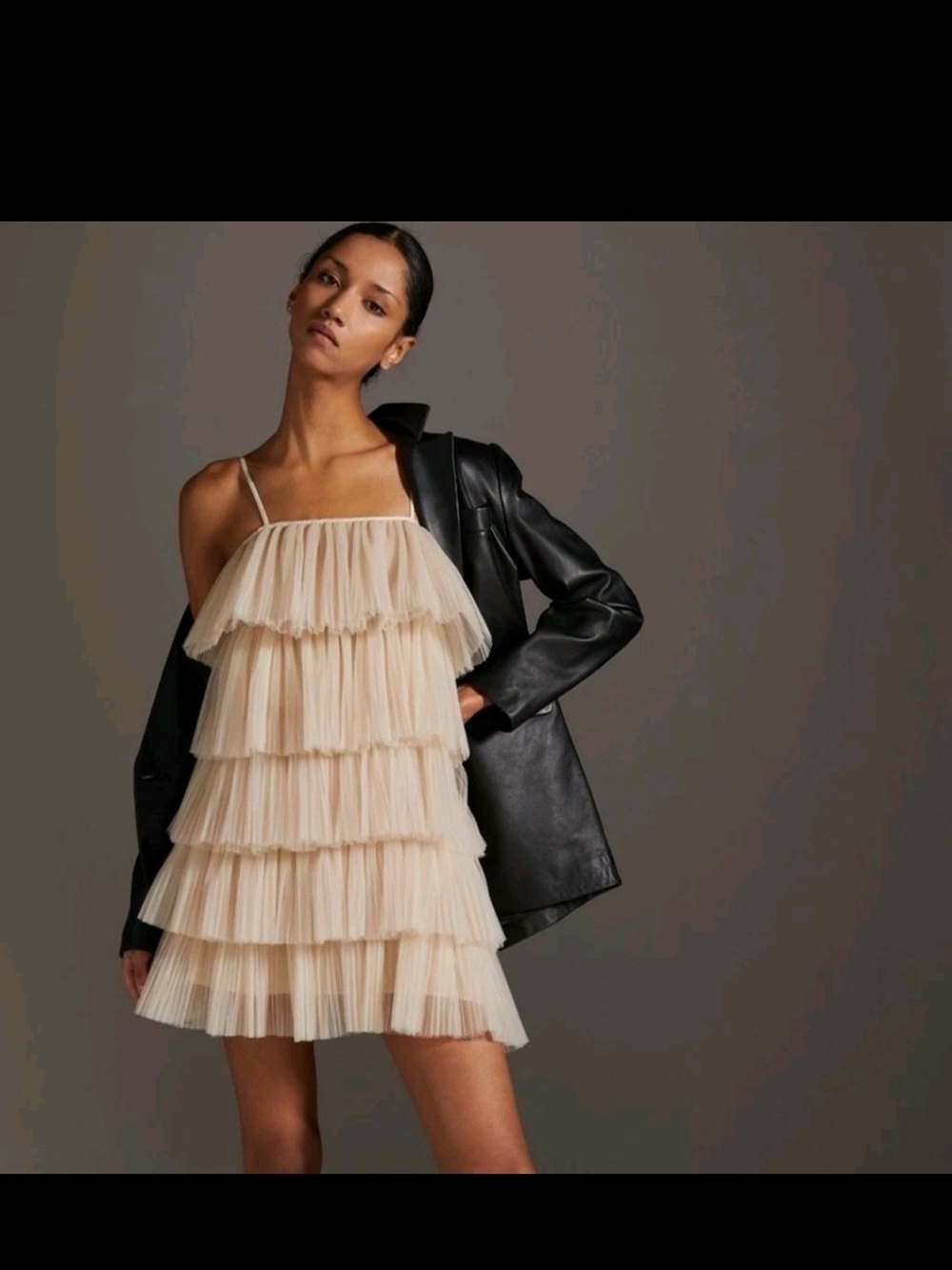 Maeve Anthropologie taupe tiered tulle mini dress size S